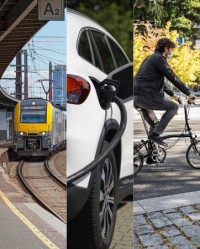 Collage duurzaam naar het werk via trein, elektrische wagen en fiets